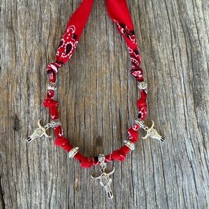 Red Bandana Necklace with Silver Longhorn steer charm Accents